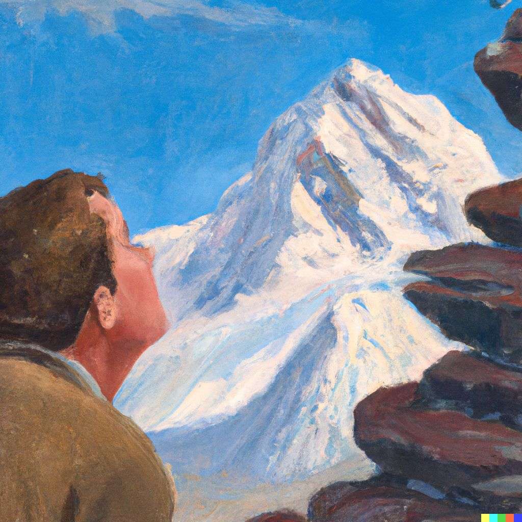 someone gazing at Mount Everest, painting by Norman Rockwell